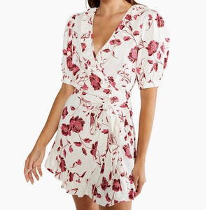 MISA Thora Floral Ruffle Mini Wrap Dress White Pink Abstract Peony - Small NWT